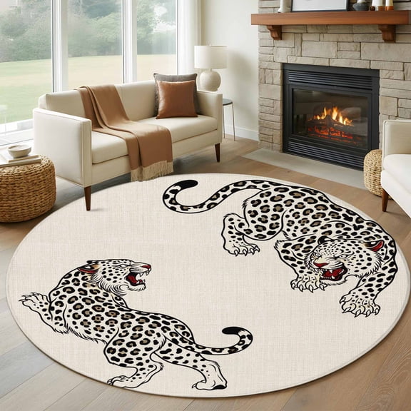 Beige Leopard 5FT Round Area Rugs for Living Room Modern Style Wild Animal Rustic Linen Texture Ultra-Thin Non-Slip Round Rugs Machine Washable Low Pile Circle Carpet for Bedroom Kitchen Nursery