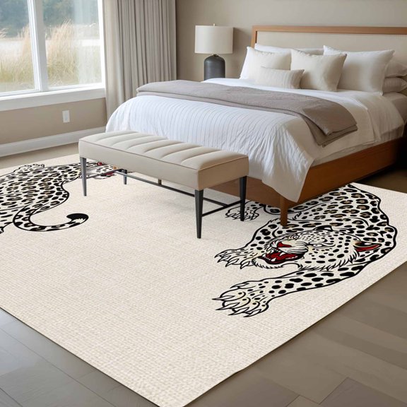 Beige Leopard 6x9 Rug for Dining Room Table and Chair Setup, Modern Style Wild Animal Rustic Linen Texture Low Pile Washable Non Slip Rectangle Area Rug
