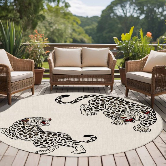 Beige Leopard 8ft Round Rug for Open Concept Living Room Seating Zone, Modern Style Wild Animal Rustic Linen Texture Washable Non Slip Large Circle Area Rug