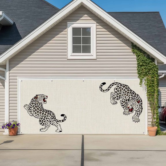 Beige Leopard Garage Door Banner Covers, Modern Style Wild Animal Rustic Linen Texture Large Hanging Indoor/Outdoor Backdrop Background for Christmas Winter Party Decor, 6.9x8ft