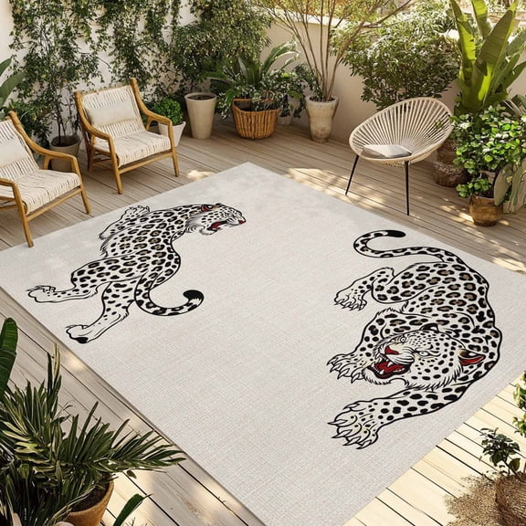Beige Leopard Outdoor Rug 3x5 ft Modern Style Wild Animal Rustic Linen Texture Non Slip Patio Rug Washable Absorbent Large Outdoor Carpet Outside Mat for Porch RV Garden Camping