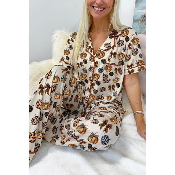 Beige Leopard Pumpkin Allover Halloween 2pcs Pajama Set