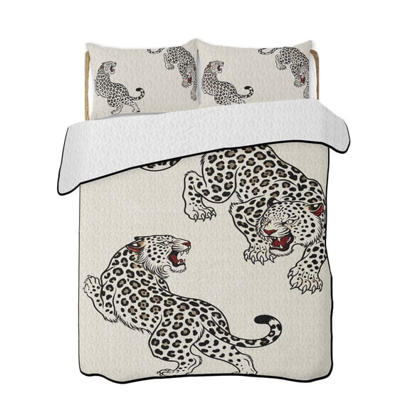Beige Leopard Quilts Bedding Set Full Size Modern Style Wild Animal Rustic Linen Texture Lightweight Quilted Bedspread 3 Piece Bed Quilt with 2 Pillow Shams All Season for Bedroom 68" x 98"