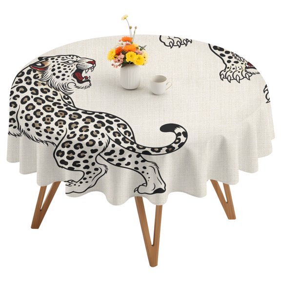Beige Leopard Round Tablecloth 54 inches Modern Style Wild Animal Rustic Linen Texture Waterproof Oil-Proof Table Cloth Round Table Cover for Holiday Party Picnic Dinner Decor Indoor and Outdoor Use
