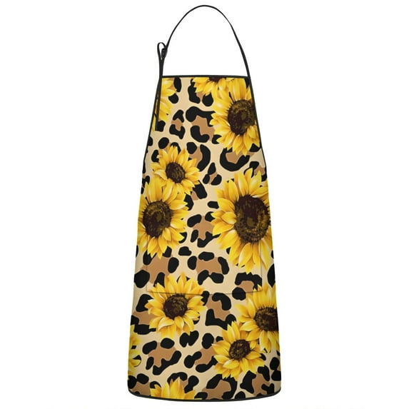 Beige Leopard Sunflower Pattern Apron-Garden Aprons for Women with Pockets-Cotton Linen Waterproof Kitchen Cooking Gardening Aprons Adjustable for Kitchen,Cooking,BBQ and Salon 33x27 Inch
