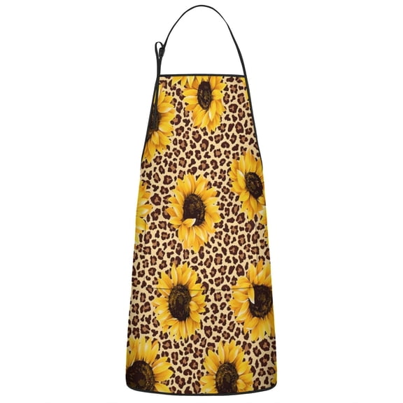 Beige Leopard Sunflower Pattern Apron-Garden Aprons for Women with Pockets-Cotton Linen Waterproof Kitchen Cooking Gardening Aprons Adjustable for Kitchen,Cooking,BBQ and Salon 33x27 Inch