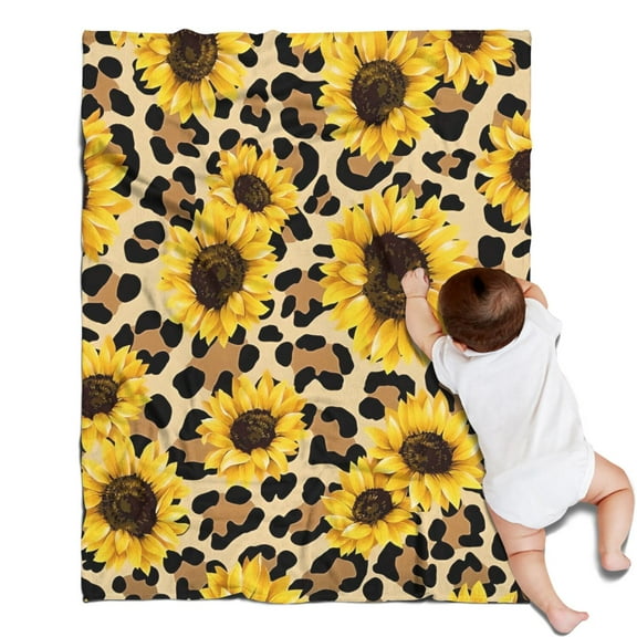 Beige Leopard Sunflower Pattern Blanket,Comfortable Soft Flannel Throw Blanket,All Season,Warm Lightweight Blankets for Sofa Bed Couch Living Room Chair,30"x40"