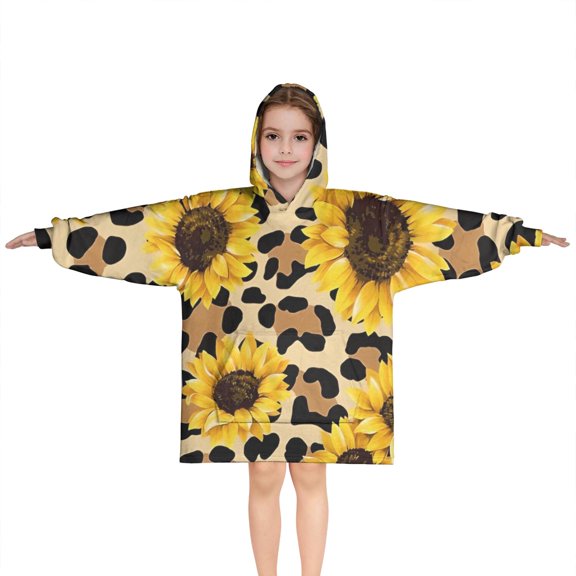 Beige Leopard Sunflower Pattern Blanket Hoodies for Kids 6-13YR Oversize Wearable Blanket Hoodies for Boys Girls Teens