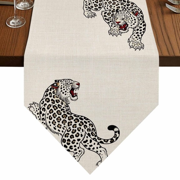 Beige Leopard Table Runner for Dining Room, Modern Style Wild Animal Rustic Linen Texture Cotton Linen Dining Table Runner Tablecloth Dresser Scarves for Kitchen Cafe 13x36 Inches Long