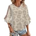 thumbnail image 1 of Beige Leopard Tribal Border Design Women's V-Neck Blouse With 3/4 Ruffled Bell Sleeves Casual Top Ladies Blouses, 1 of 7
