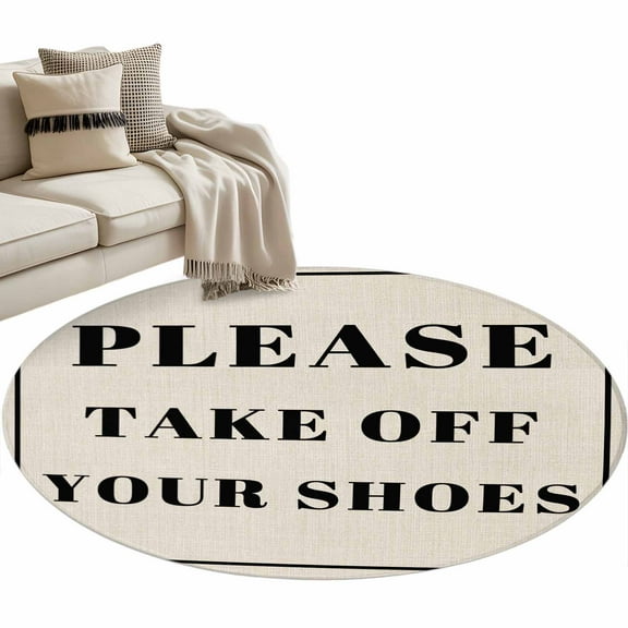 Beige Letter Round Area Rug 3 FT, Small Kitchen Bathroom Mat, Modern Minimalist White Text Striped Washable Indoor Outdoor Throw Runner Carpet Non-Shedding Doormat for Table Shower Sofa Entryway