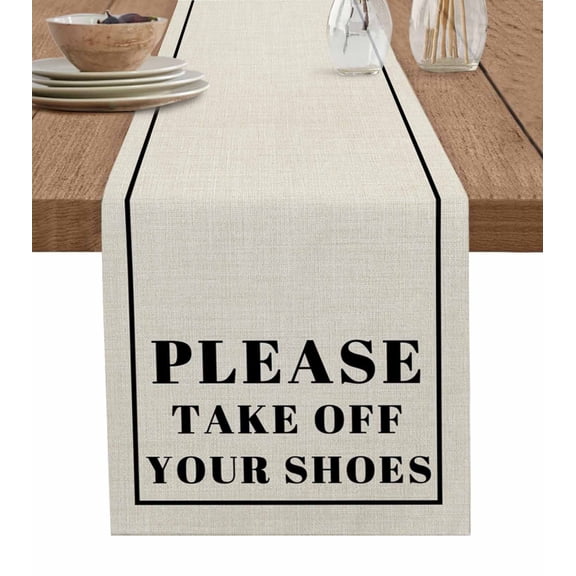 Beige Letter Table Runner 90 Inches, Modern Minimalist White Text Striped Bed Runner Dresser Scarves Tabletop for Indoor Outdoor Parties/Ceremony/Banquet, 13" x 90"