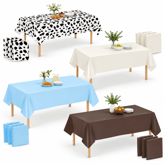 Beige Light Blue Coffee Cow Print 12 Pack Disposable Plastic Rectangle Tablecloth