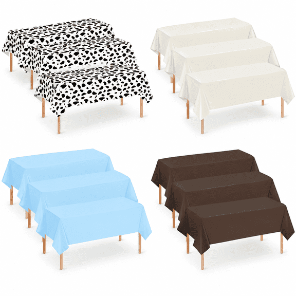 Beige Light Blue Coffee Cow Print 12 Pack Disposable Plastic Rectangle Tablecloth