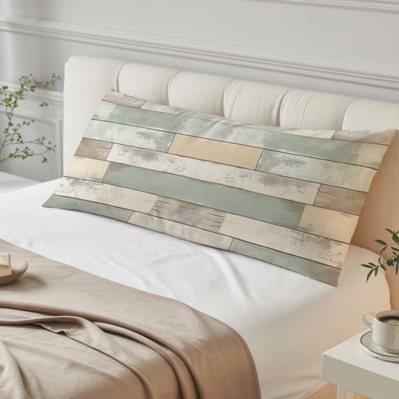 Beige Light Green Body Pillow Cover, Pillowcase Protectors with Zipper, Breathable Decorative Throw Pillow Case Cover, Farmhouse Wooden Striped Pillow Shams for Couch Sofa 20x60Inch