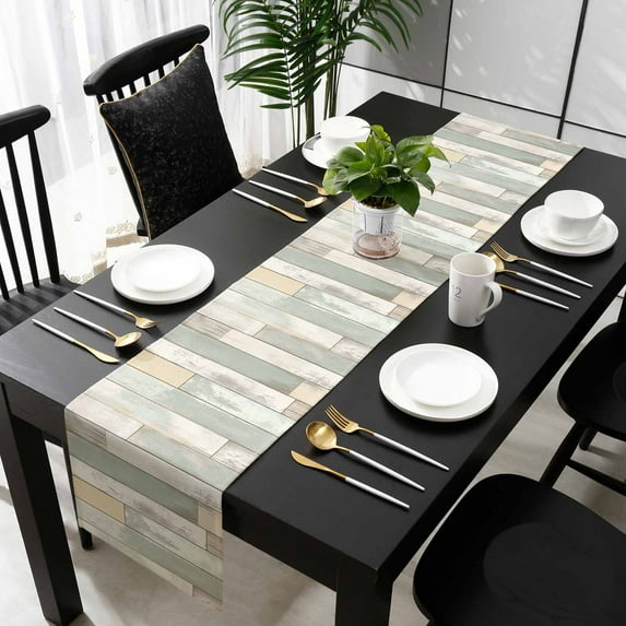 Beige Light Green Cotton Linen Long Table Runner 13 x 108 inch Farmhouse Wooden Striped Non-slip Rectangular Dining Table Decor for Wedding Party Holiday Dinner