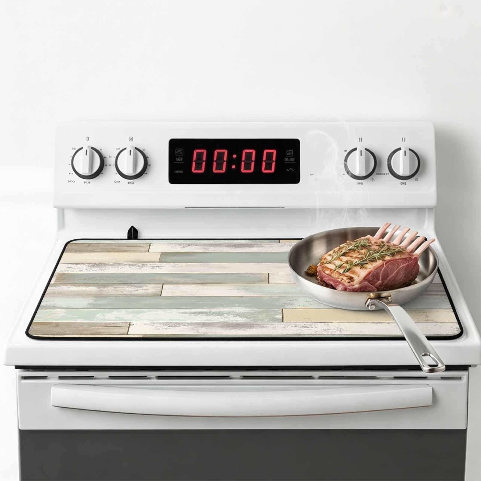 Beige Light Green Stove Top Cover for Electric Stove, Heat-proof & Non Slip Glass Top Stove Cover Protector, Farmhouse Wooden Striped Kitchen Flat Cooktop Rubber Mat 24x21 Inches