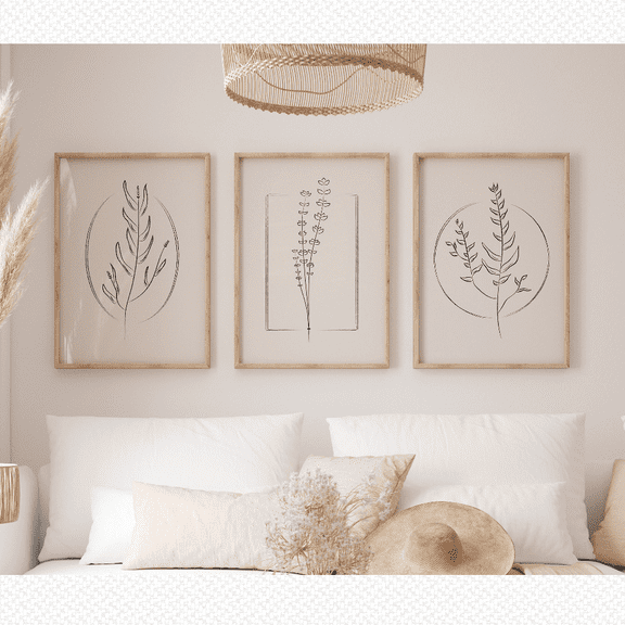 Beige Line Art Leaf Wildflower Botanical Nordic Boho Poster Set Set 3 , Stretched Canvas