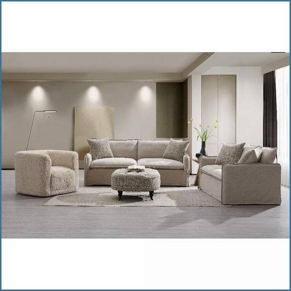 Beige Linen 3-Piece Living Room Sofa Set | Cushion Back | Durable Wooden Frame | Plush Feather Comfort