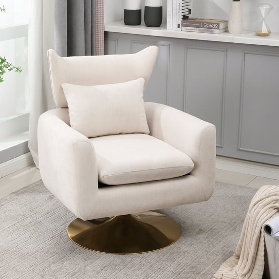 Beige Linen Accent Chair With 360-degree Swivel For A Comfortable Space Rotation And Base