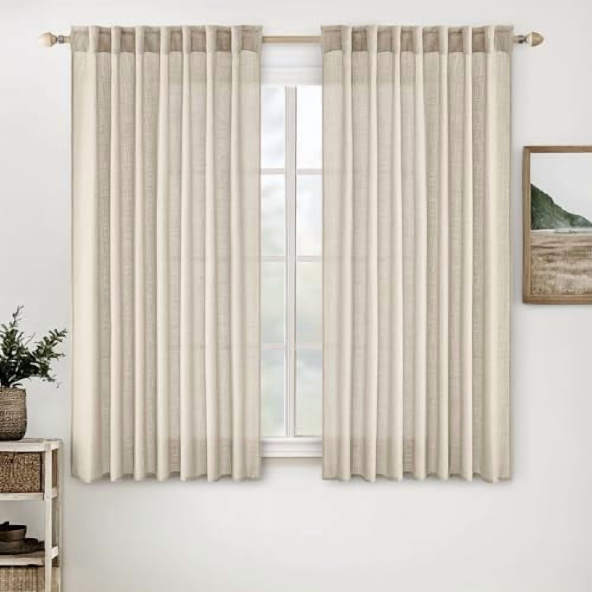 Beige Linen Curtains 54 Inch Length 2 Panels for Bedroom Living Room, Soft Linen Textured Window Drapes Semi Sheer Light Filtering Back Tab Rod Pocket Farmhouse Modern Burlap Look Decor
