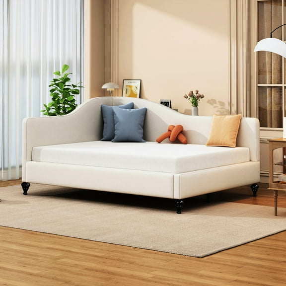 Beige Linen Daybed With Firm Solid Wood Legs - L-shaped Space Full In Material