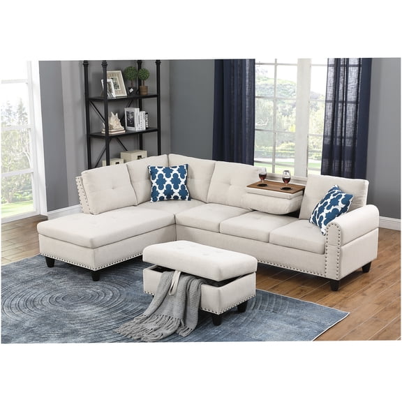 Beige Linen L-Shaped Storage Ottoman Sectional Sofa with Pull-Down Table