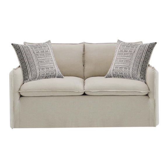 Beige Linen Loveseat with Patterned Fabric and Throw Pillows for Cozy Living Room
