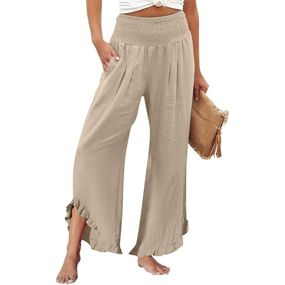Beige Linen Pants Women's Solid Color Fashionable Casual High Waisted Pleated Irregular Cotton Linen Loose Pants for Women