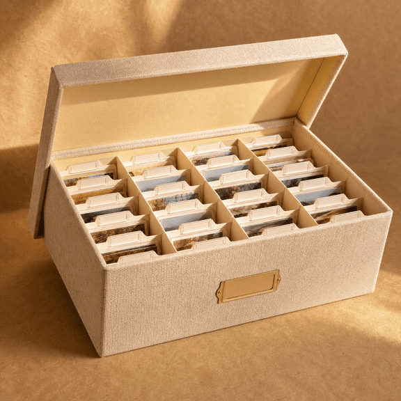 Beige Linen Photo Storage Box With 24 Adjustable Dividers