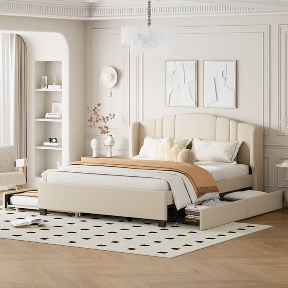 Beige Linen Queen Upholstered Platform Bed with Wingback Headboard, Twin Trundle & 2 Drawers, Box Spring Free