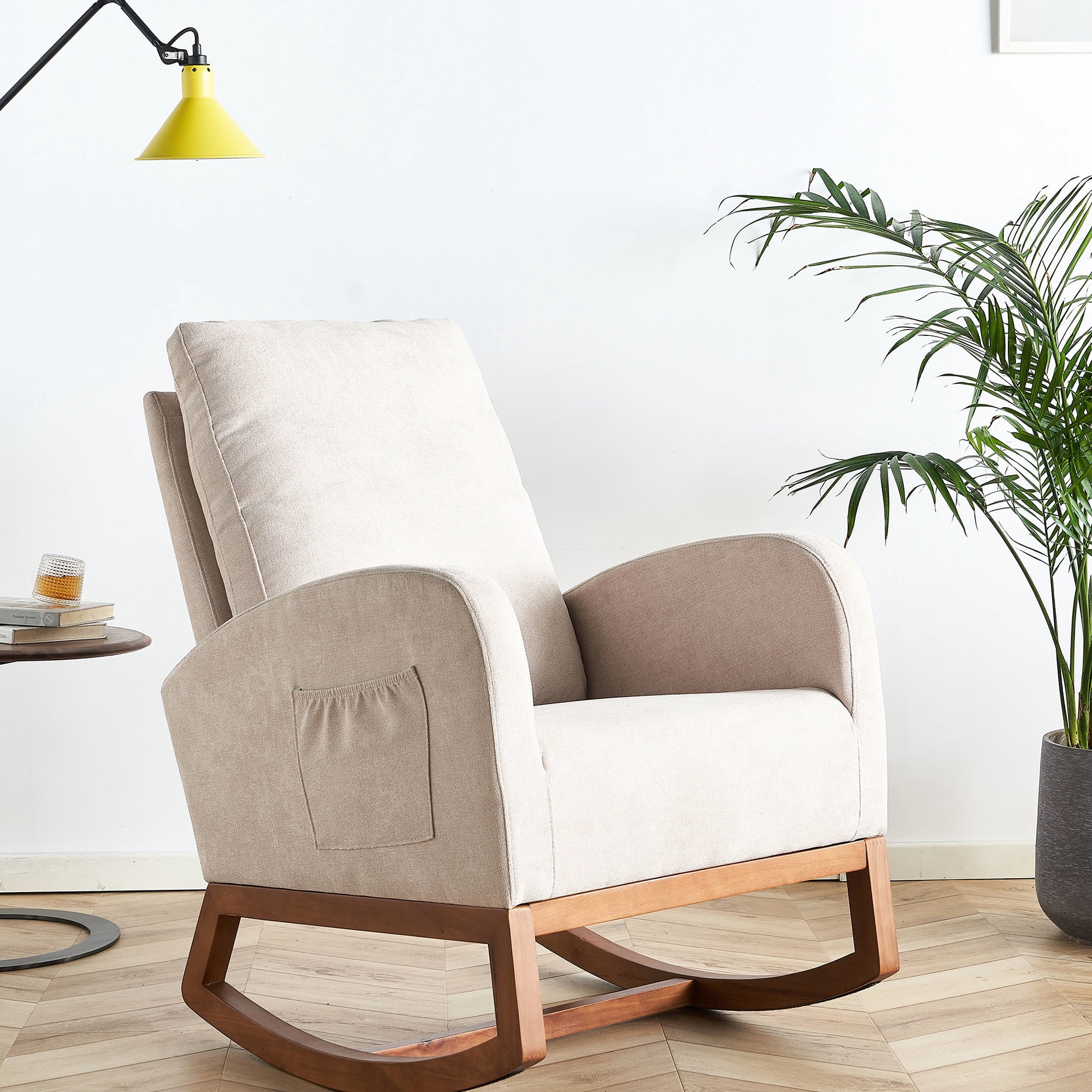 Solid Board Rocker Beige Linen Rocker With And High Foam Filling - Solid Wood Construction ...