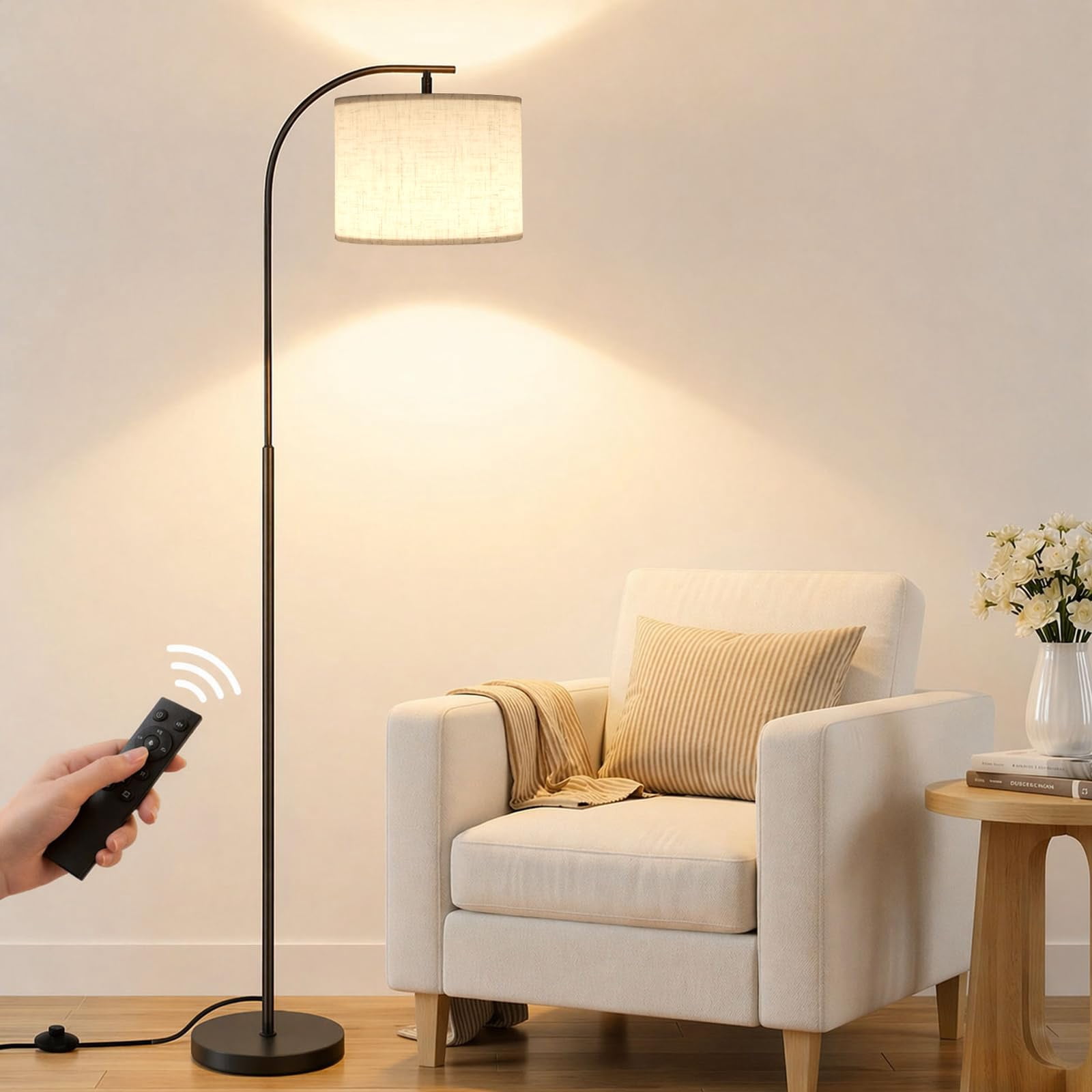 Beige Linen Shade Arc Dimmable Tall Standing Floor Lamp For Reading Living Room Bedroom Office