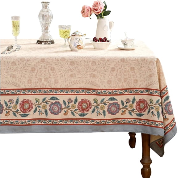 Beige Polyester Square Tablecloth,Vintage Indian Style Soft and Colorfast Floral Tablecloths,Decorative Table Cover for Kitchen,Dining,Party,Thanksgiving,Christmas,67"*67"-Flowershadow E