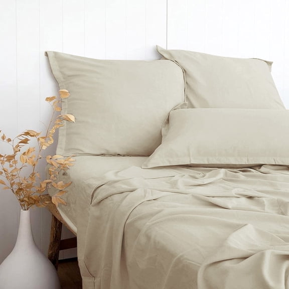 Beige Linen-Textured Bed Sheets Set, Bamboo Rayon, Cotton, Linen Ble...