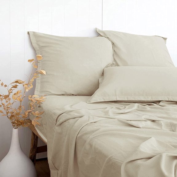 Beige Linen-Textured Bed Sheets Set, Bamboo Rayon, Cotton, Linen Blend Bed Sheets King Size, Soft Cool & Breathable for Hot Sleepers,Durable Natural Organic Bed 15'' Deep Pocket - 4 Piece