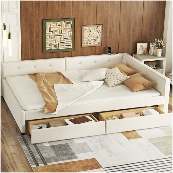 Beige Linen Upholstered Bed Frame with USB Ports, Underbed Storage Drawers, No Box Spring
