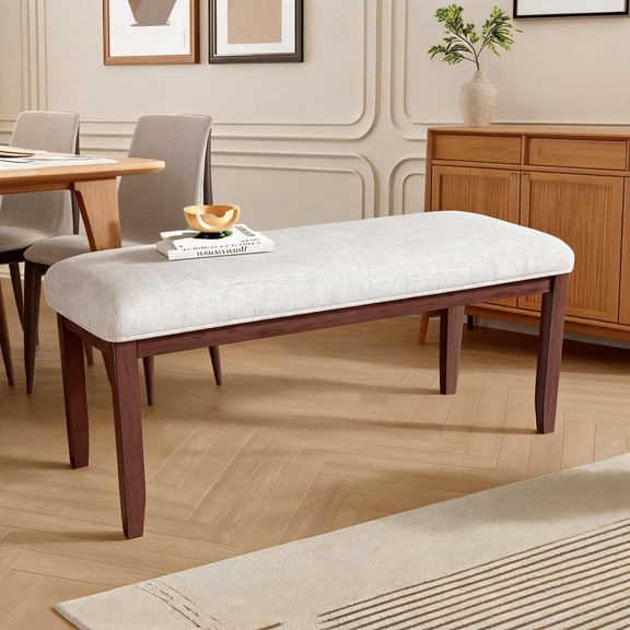 Beige Linen Upholstered Bench, 38-Inch 2-Seater for Bedroom, Entryway Dining, Mid-Century Cherry Legs