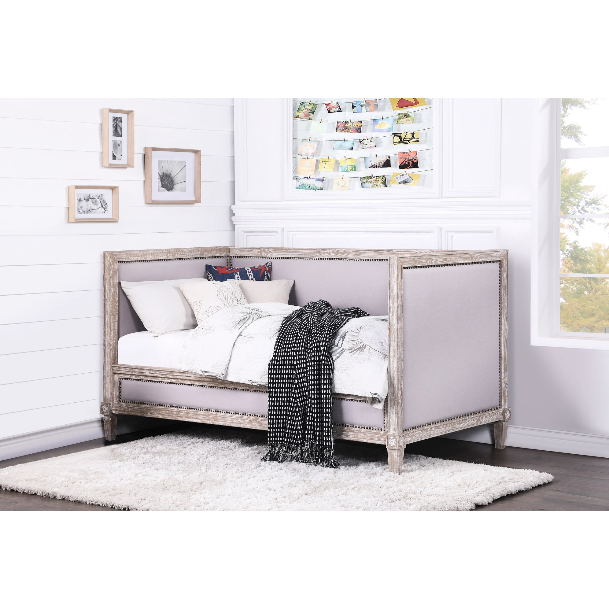 Beige Linen Upholstered Daybed (twin) With Weathered Oak Trim And ...