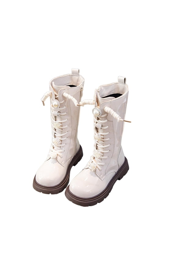 Beige Little Girls Boots With Decorative Bow And High Barrel Pu Material, Perfect For Autumn Winter 2025 Ages 10.5-11 Years