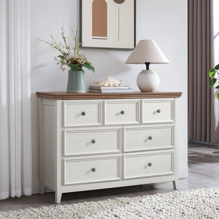 Beige Living Room Dresser With 7 Drawers - Maximize Your Storage Space Cabinet For Collision Feature And Easy Handles