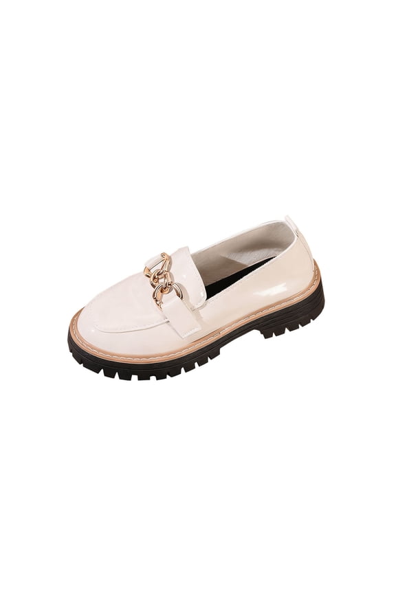 Beige Loafers For Womens With Thick Heel Round Toe Flat Bottom Solid Color Design Comfortable For Four Season Casual Everyday Wear Size 36