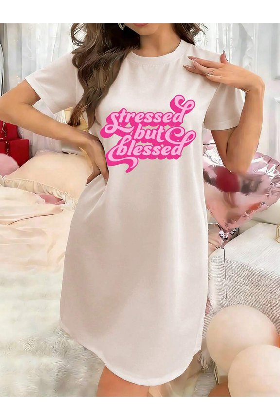 Beige Loose Fit Sleep Dress With Stressed But Blessed Graphic Print