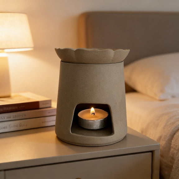 Beige Lotus Design Ceramic Wax Melt Warmer with Petal Edge Tealight Candle Oil Burner for Essential Oils & Wax Melts Rustic Aromatherapy Diffuser Home Decor