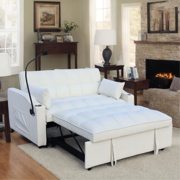 Beige Love Seat Sofa Bed with Soft Velvet and Phone Stand for Entertainment
