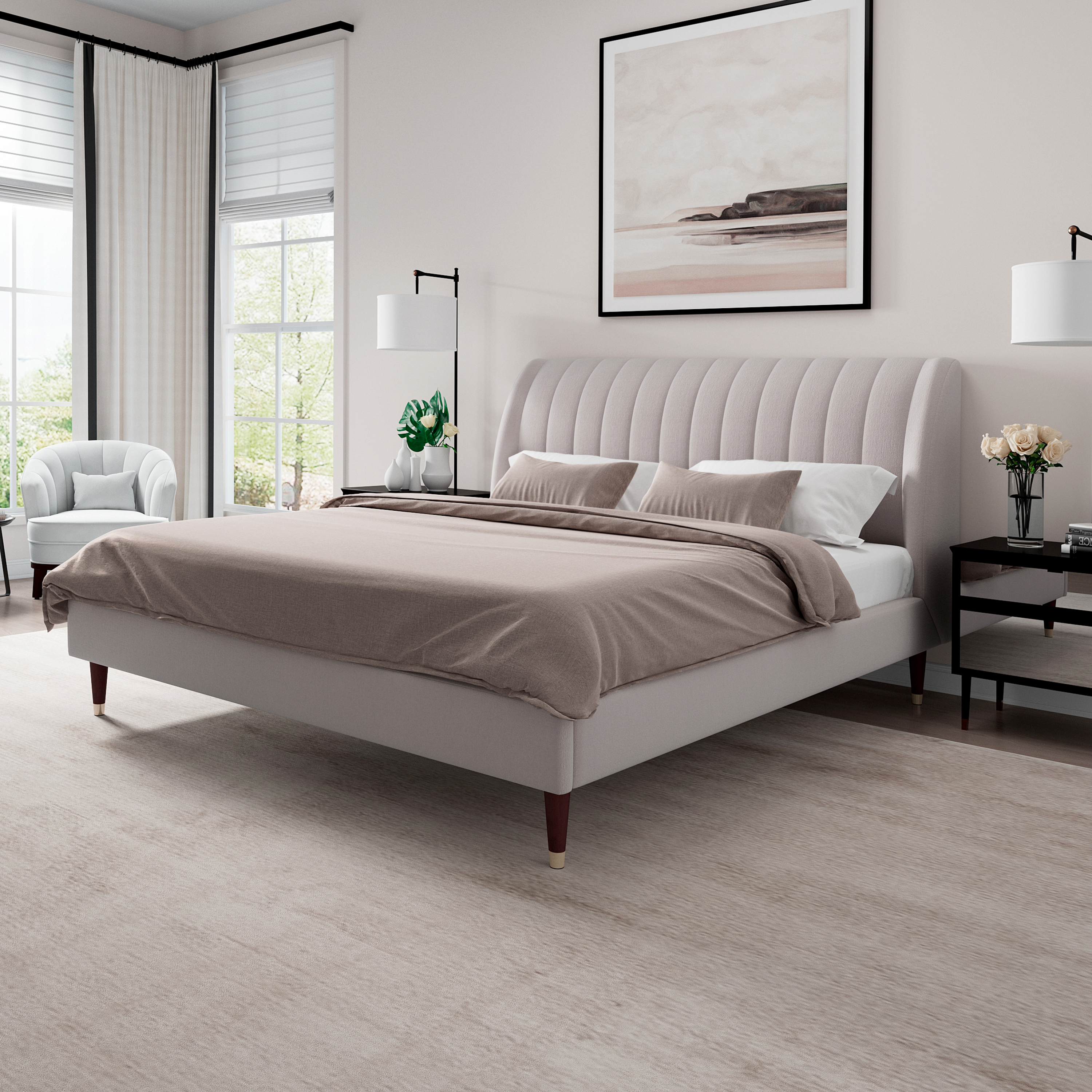 Beige Low Profile Upholstered Platform Bed With Wingback Headboard 