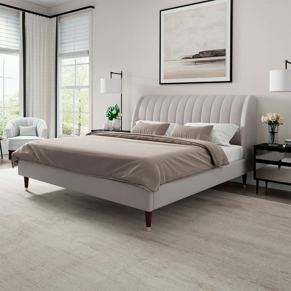 Beige Low Profile Upholstered Platform Bed with Wingback Headboard, Queen