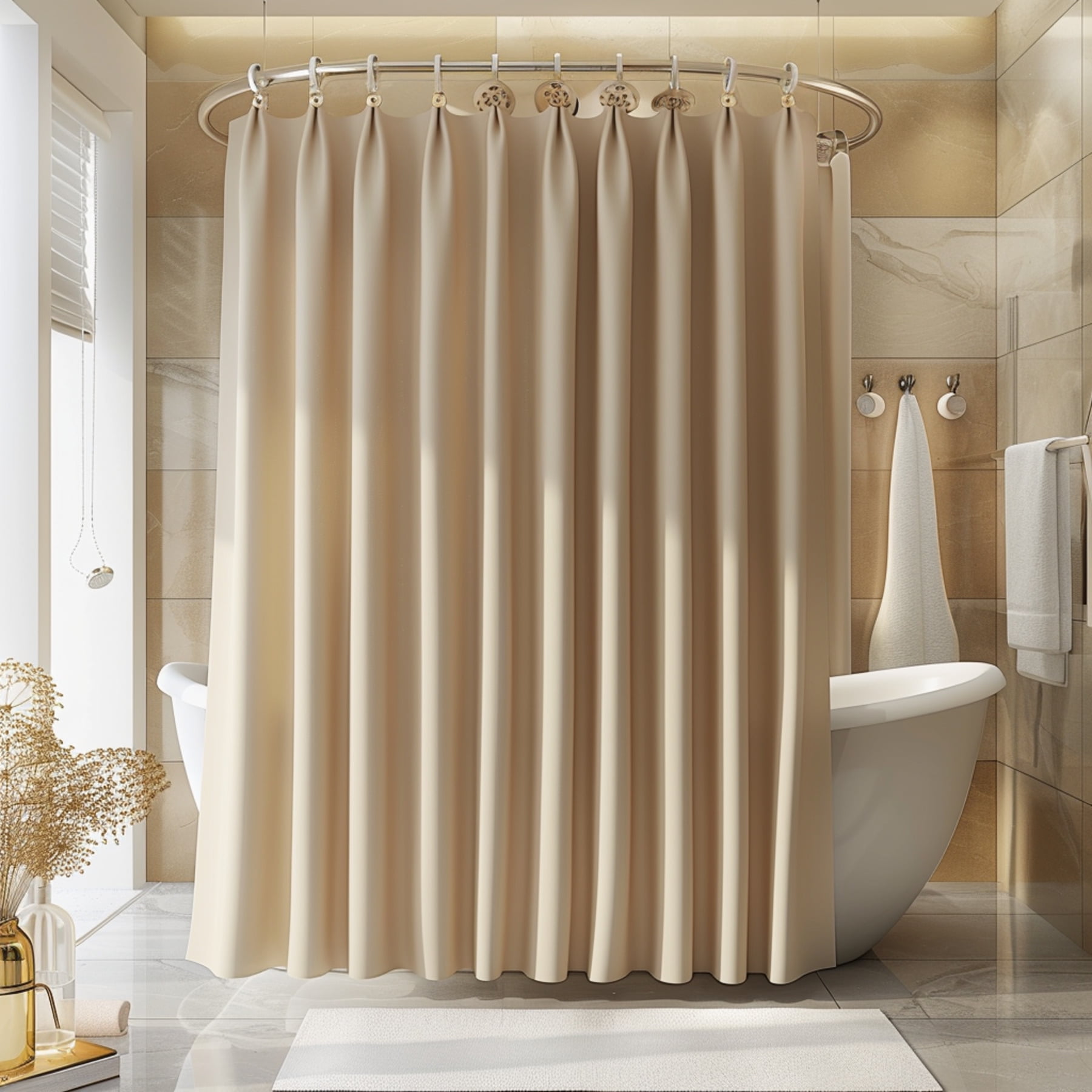 Beige Luxury Shower Curtain with Elegant Beadboard Design Hyper Realistic ing White Background