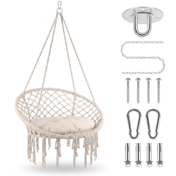 Beige Macrame Hanging Chair, Handmade Cotton Rope Hammock Swing with Soft Cushion, 330 LBS Hanging Chair for Bedroom Living Room Garden