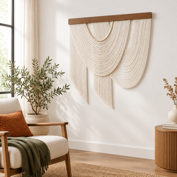 Beige Macrame Wall Hanging Tapestry with Wooden Rod, 31.5 x 31.5 Inch Boho Decor